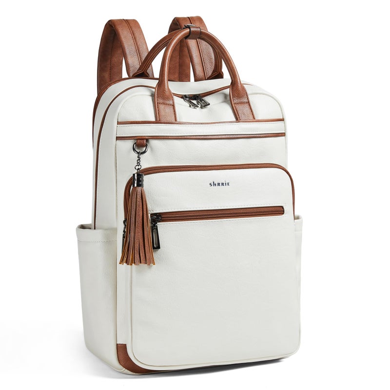 Shrrie Laptop Backpack for Women 15.6 inch Travel Leather Backpack Purse Work Computer Backpacks for Business College Beige - Image 1