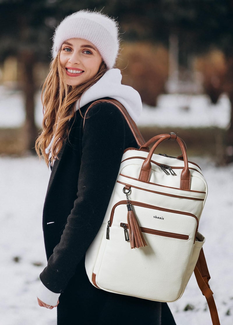 Shrrie Laptop Backpack for Women 15.6 inch Travel Leather Backpack Purse Work Computer Backpacks for Business College Beige - Image 2