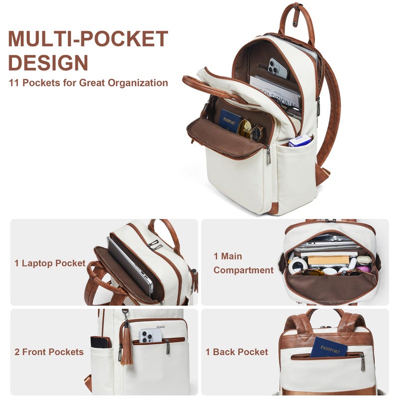 Shrrie Laptop Backpack for Women 15.6 inch Travel Leather Backpack Purse Work Computer Backpacks for Business College Beige - Image 3