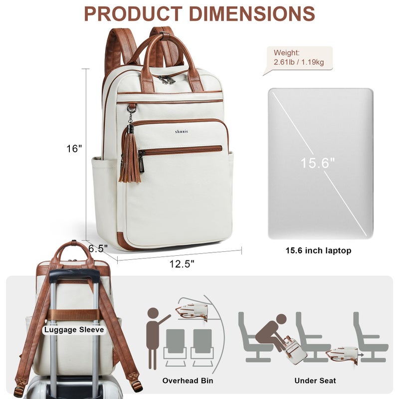 Shrrie Laptop Backpack for Women 15.6 inch Travel Leather Backpack Purse Work Computer Backpacks for Business College Beige - Image 5