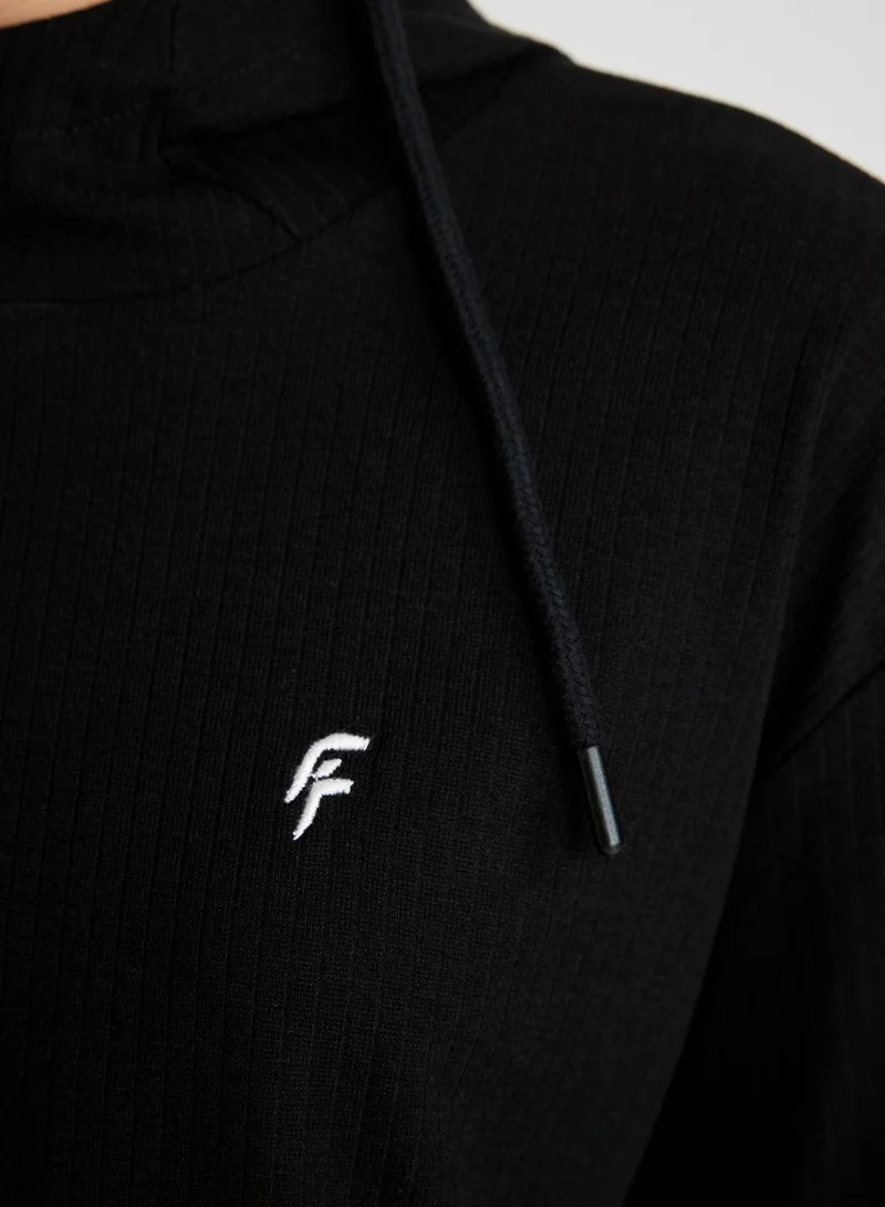 DeFacto Defactofit Standard Fit Hooded Embroidered Long Sleeve Ribbed T-Shirt