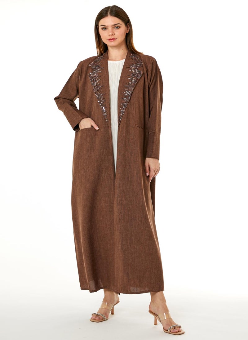Moistreet - Brown Melange Hand Embellished Abaya - Image 1