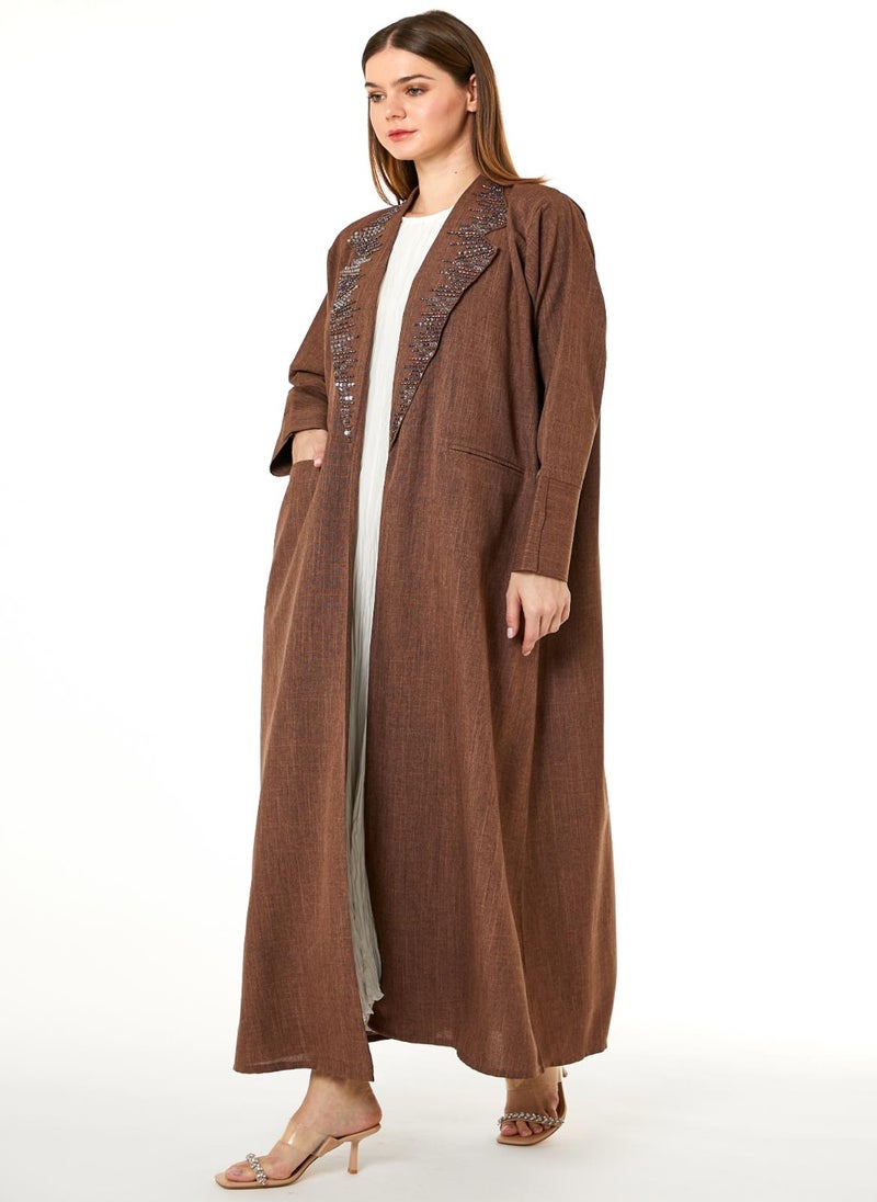 Moistreet - Brown Melange Hand Embellished Abaya - Image 1