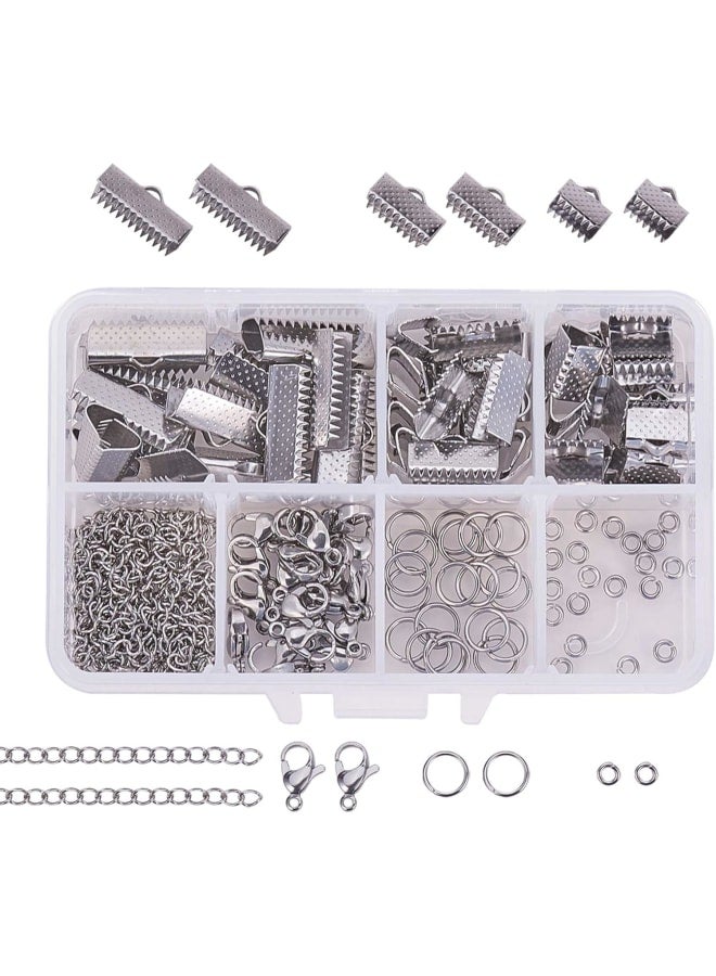 Jewelry Making Kit Set with 3 Sizes 304 Stainless Steel Ribbon Ends & End Chains & 4mm/8mm Jump Ring & Lobster Claw Clasps Silver Tones End Chain Clasps for DIY Chains Jewelry Making - Image 1