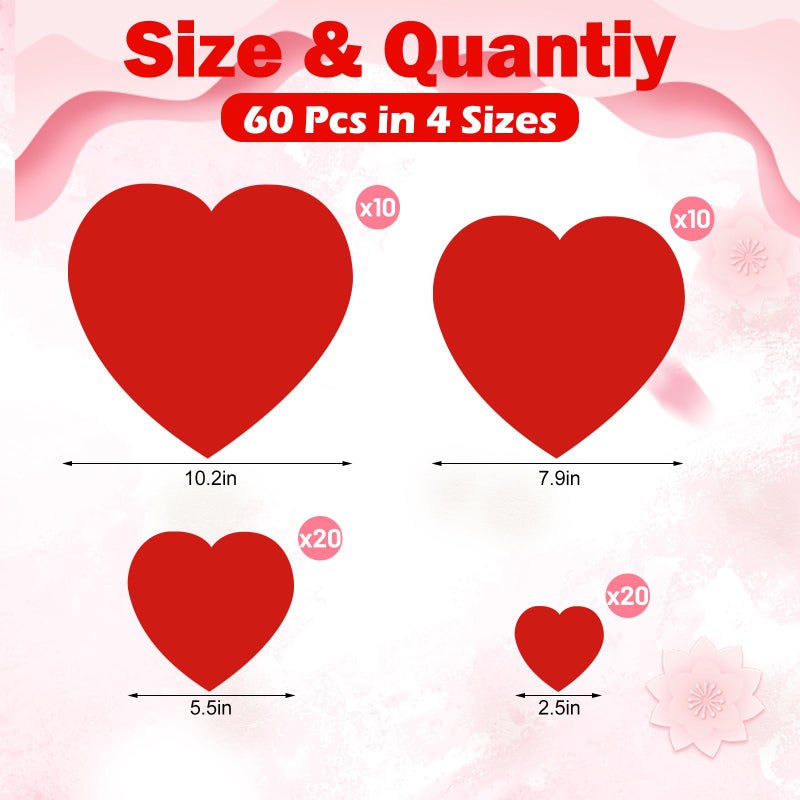 ReliThick 60 Pcs Valentineâ€˜s Day Heart Floor Decal Red Heart Floor Cling Window Stickers Films Valentine Self Adhesive Wall Decal for Wedding Anniversary Classroom Party Decor - Image 2