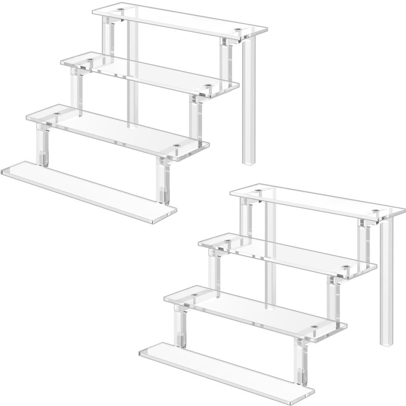 WINKINE Acrylic Display Shelves 2 Pack Acrylic Display Makeup Stands 4 Tier Acrylic Riser Displays Clear Display Shelf Organizer for Cabinet Countertops Tabletop Desktop