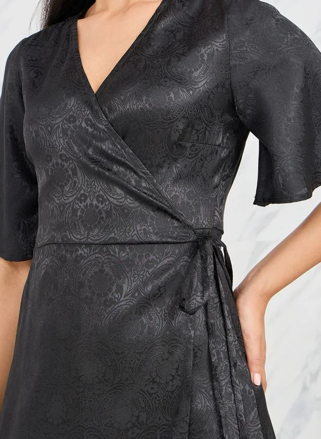 ستايلي Styli Jacquard Print A-Line Wrap Midi Dress