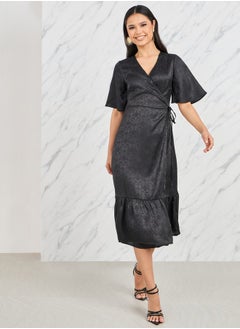 Jacquard Print A-Line Wrap Midi Dress