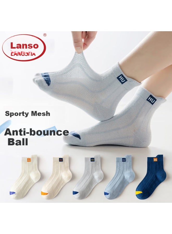LANG SHA Langsha Children's Socks, Boys' Summer Thin Mesh Socks, Mid-calf Cotton Socks, Student Socks For Older Children, Short Socks, 5 Pairs - Image 1
