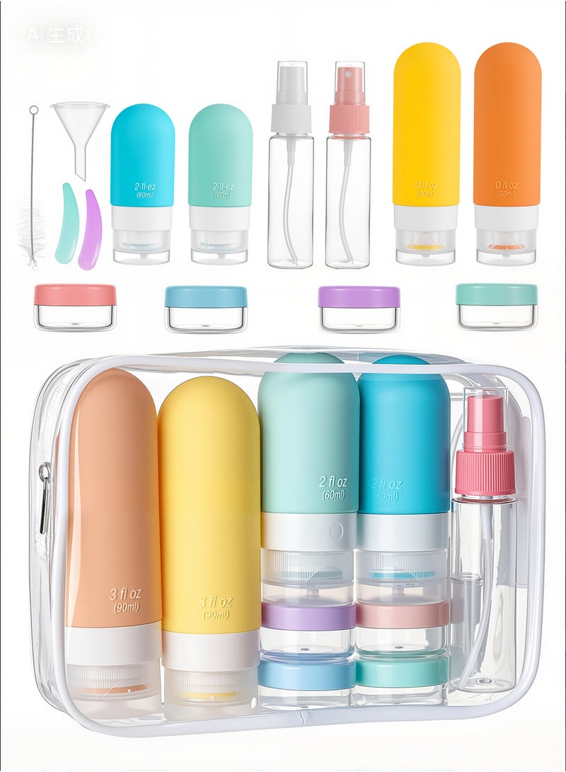 طقم زجاجات أدوات تجميل محمولة للسفر، معتمدة من إدارة أمن النقل، حاويات مستحضرات تجميل مقاومة للتسرب مع حقيبة تنظيم، مثالية للسفر الجوي، رحلة عمل والاستخدام اليومي - Image 1