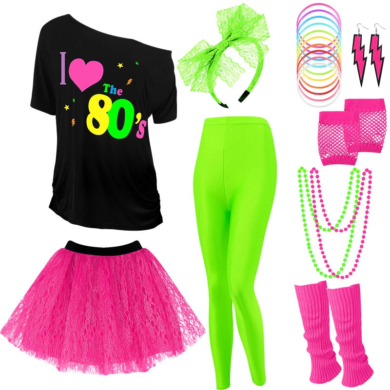 Vabean 19 Pcs 80s Costume Set T Shirt Leggings Tutu Skirt Headband Necklace Bracelets Earrings Gloves Leg Warmers for Women (Green Leggings,XX-Large) - Image 2