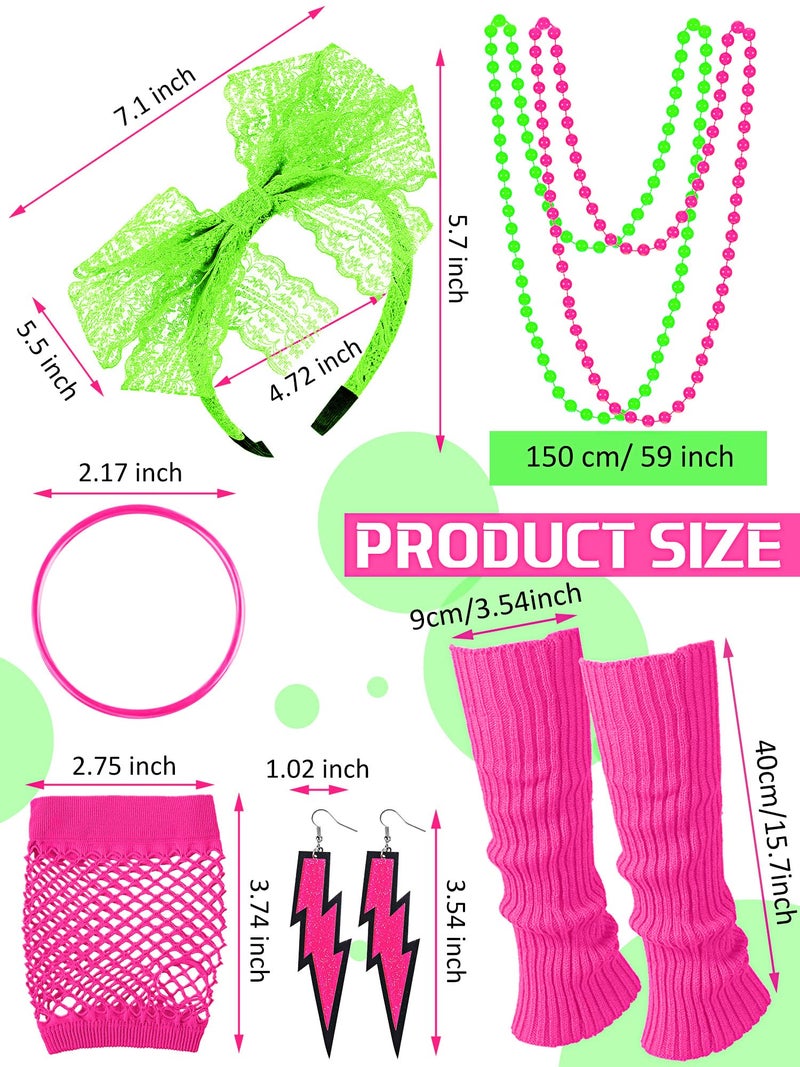 Vabean 19 Pcs 80s Costume Set T Shirt Leggings Tutu Skirt Headband Necklace Bracelets Earrings Gloves Leg Warmers for Women (Green Leggings,XX-Large) - Image 4