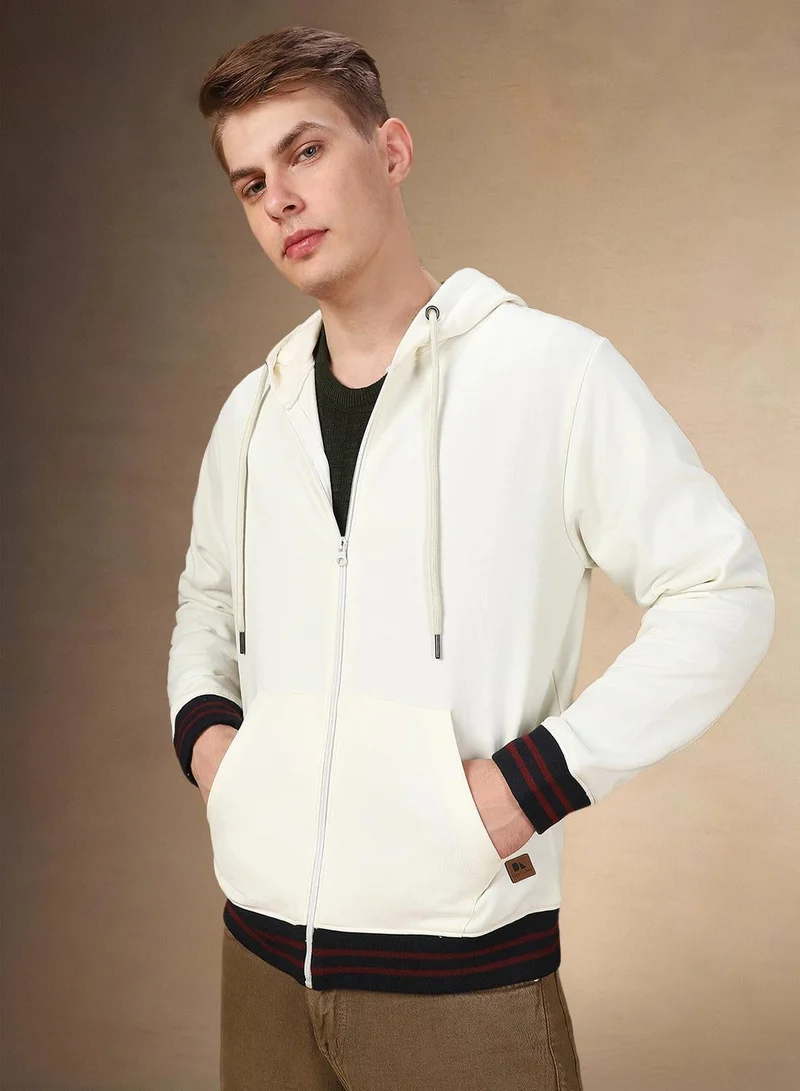 Men's Off White Polyester Blend Solid Regular Fit Sweatshirt