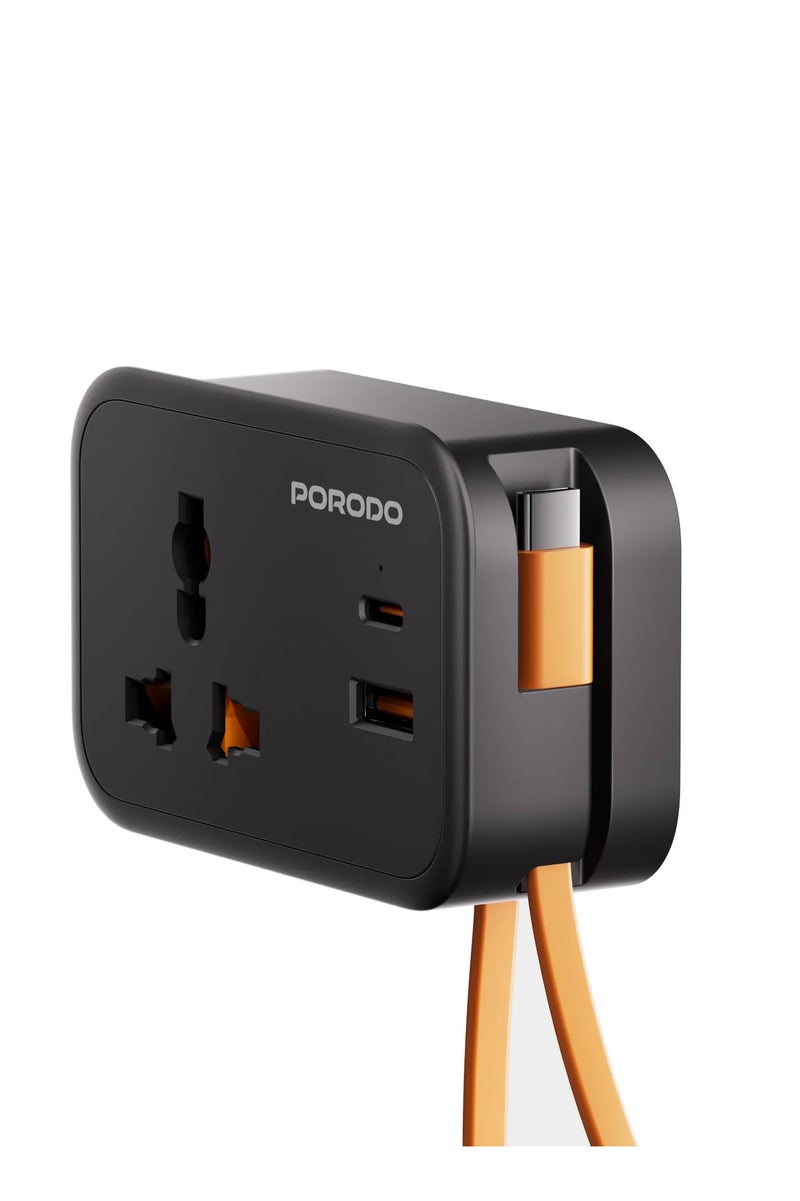 porodo Universal Wall Socket Buit-in 30 cm USB-C Cable with AC Socket, QC 18W USB-A & PD 20W USB-C Ports / 3250W Rated Power / Compact & Lightweight / UK 3-Pin Plug / Laptop Compatibility - Black - Image 1