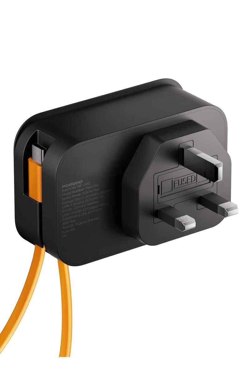 porodo Universal Wall Socket Buit-in 30 cm USB-C Cable with AC Socket, QC 18W USB-A & PD 20W USB-C Ports / 3250W Rated Power / Compact & Lightweight / UK 3-Pin Plug / Laptop Compatibility - Black - Image 2