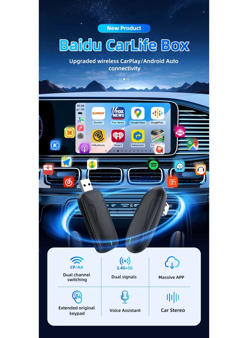 Vierex CarlinKit Baidu CarLife Wired to Wireless Adapter, 2-in-1 Wireless CarPlay & Android Auto Box, Dual-Band 2.4G/5G WiFi, Plug & Play, OTA Update, Voice Assistant, Compatible with Factory Wired Baidu CarLife - Image 2