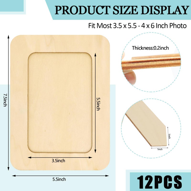 RYKOMO 12 Pieces DIY Wooden Picture Frames, Unfinished Solid Wood Photo Picture Frames for 4 x 6 in Photos, Standing Wooden Picture Frame for Valentine's Day Gift, Father's Day, Mother's Day DIY Crafts - Image 2