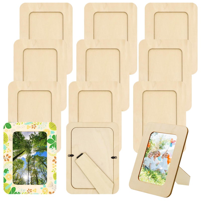 RYKOMO 12 Pieces DIY Wooden Picture Frames, Unfinished Solid Wood Photo Picture Frames for 4 x 6 in Photos, Standing Wooden Picture Frame for Valentine's Day Gift, Father's Day, Mother's Day DIY Crafts - Image 1