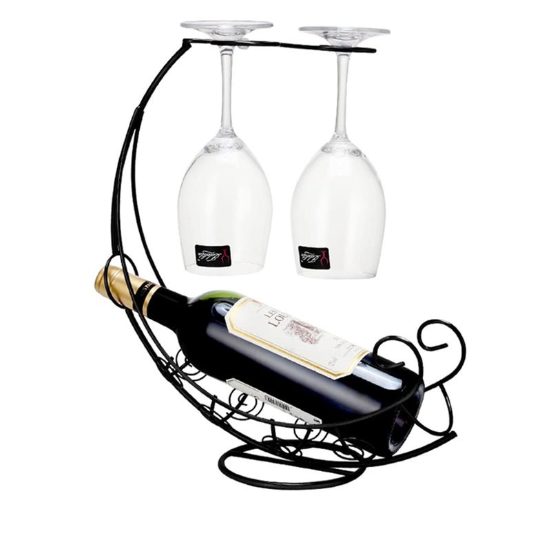 Homya Tabletop Metal Wine Bottle Rack Elevated Vertical Countertop Wine Glass Display Organizer, Dining Table Offers Wine Glasses as Gifts, Holds 1 Bottle 2 Glasses, Plating Craft Black - Image 1
