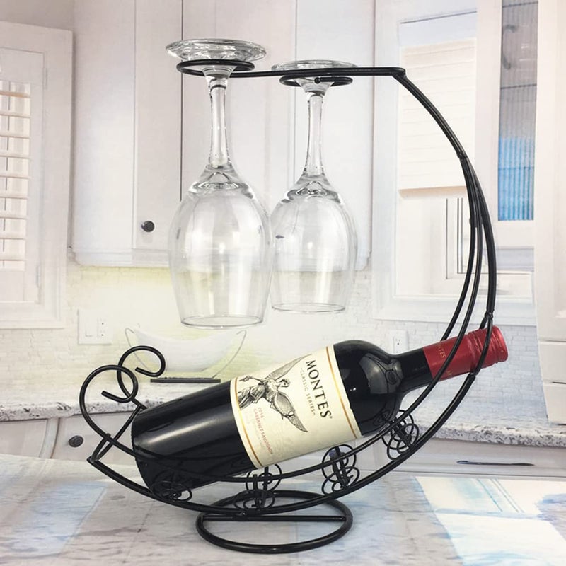 Homya Tabletop Metal Wine Bottle Rack Elevated Vertical Countertop Wine Glass Display Organizer, Dining Table Offers Wine Glasses as Gifts, Holds 1 Bottle 2 Glasses, Plating Craft Black - Image 2