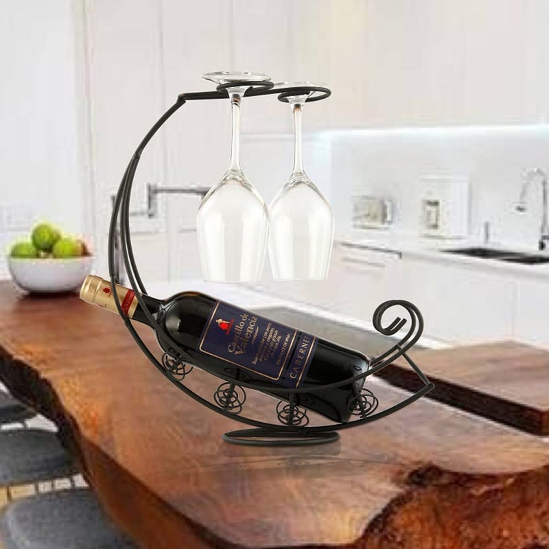 Homya Tabletop Metal Wine Bottle Rack Elevated Vertical Countertop Wine Glass Display Organizer, Dining Table Offers Wine Glasses as Gifts, Holds 1 Bottle 2 Glasses, Plating Craft Black - Image 3
