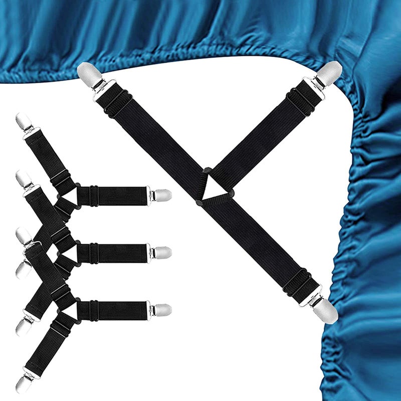 VBM VBM Bed Sheet Straps, Adjustable Elastic Fasteners with Metal Clips, Keep in Place Fitted Bedding Holder, Easy Install Suspenders Mattresses, Firm Tight Accessories - 4pcs, Black  - Image 1