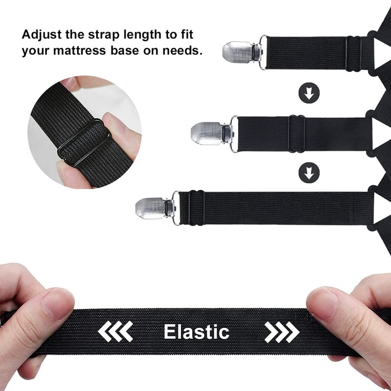 VBM VBM Bed Sheet Straps, Adjustable Elastic Fasteners with Metal Clips, Keep in Place Fitted Bedding Holder, Easy Install Suspenders Mattresses, Firm Tight Accessories - 4pcs, Black  - Image 4