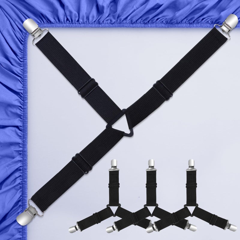 VBM VBM Bed Sheet Straps, Adjustable Elastic Fasteners with Metal Clips, Keep in Place Fitted Bedding Holder, Easy Install Suspenders Mattresses, Firm Tight Accessories - 4pcs, Black  - Image 2