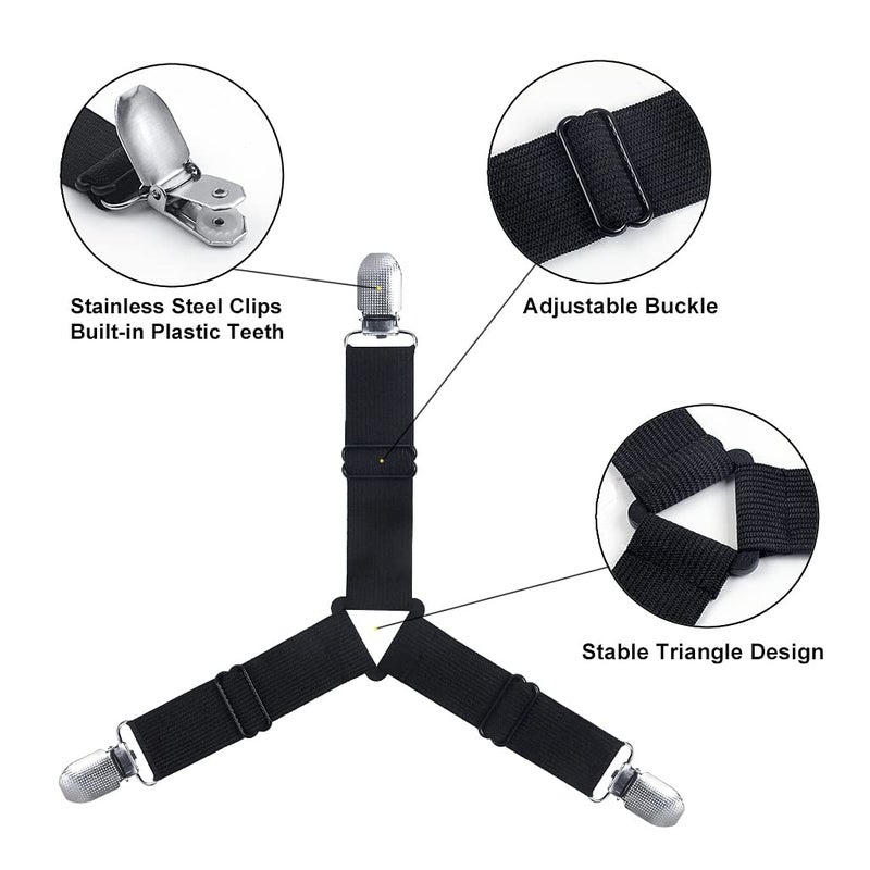 VBM VBM Bed Sheet Straps, Adjustable Elastic Fasteners with Metal Clips, Keep in Place Fitted Bedding Holder, Easy Install Suspenders Mattresses, Firm Tight Accessories - 4pcs, Black  - Image 3