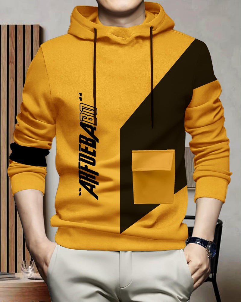 AUSK Cotton Blend Men's Mustard Color Geometric Printed Regular Fit Full Sleeve Hooded T-Shirt - Image 2