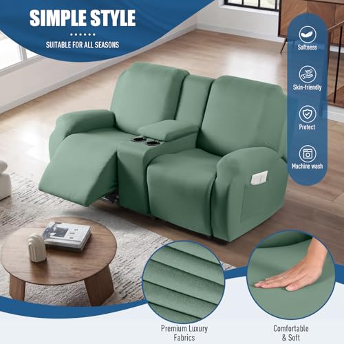 TAOCOCO Reclining Loveseat with Middle Console Slipcover, 4 Piece Polyester Fabric Stretch Loveseat Recliner Sofa Covers, Soft Washable Furniture Protector (Bean Green, 2 Seater with Console Cover) - Image 2