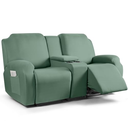 TAOCOCO Reclining Loveseat with Middle Console Slipcover, 4 Piece Polyester Fabric Stretch Loveseat Recliner Sofa Covers, Soft Washable Furniture Protector (Bean Green, 2 Seater with Console Cover) - Image 1