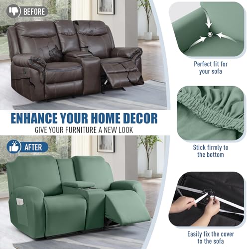 TAOCOCO Reclining Loveseat with Middle Console Slipcover, 4 Piece Polyester Fabric Stretch Loveseat Recliner Sofa Covers, Soft Washable Furniture Protector (Bean Green, 2 Seater with Console Cover) - Image 5