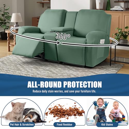 TAOCOCO Reclining Loveseat with Middle Console Slipcover, 4 Piece Polyester Fabric Stretch Loveseat Recliner Sofa Covers, Soft Washable Furniture Protector (Bean Green, 2 Seater with Console Cover) - Image 4
