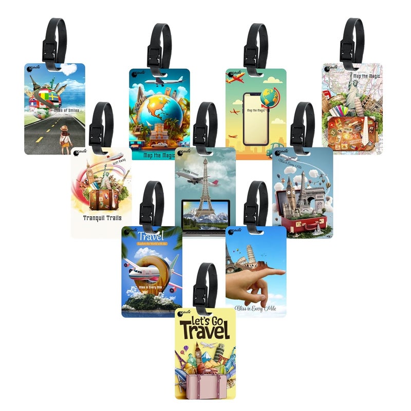 Kidultz (Set of 10) Synthetic Luggage Tags with Black Strap Loop | Durable, Waterproof, Anti-Break Travel ID Tags for Suitcases, Backpacks, School & Office Bags (Set 6) - Image 1