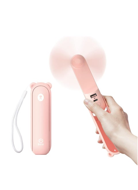 Portable Handheld Fan, Mini Pocket Hand Fan, Small Battery Operated 14-21 hours, USB Rechargeable Foldable Fan, Quiet Personal Fan with Power Bank, Flashlight for Indoor, Outdoor - Pink