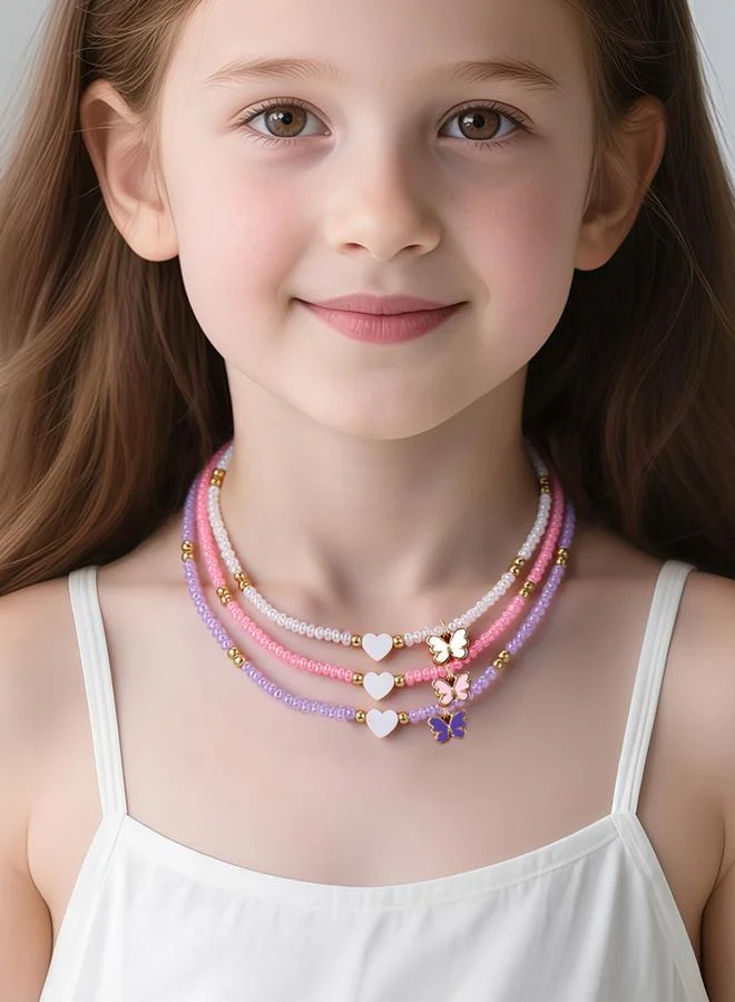 Pack of 3 - Girls Multi-Color Butterfly and Heart Charms Beaded Necklaces