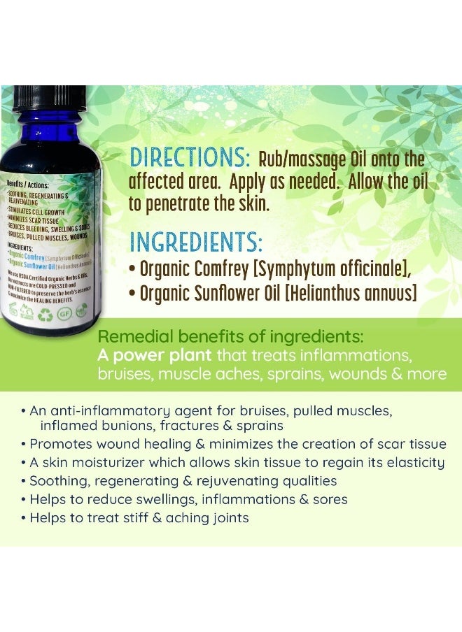 Earth Elements Organics - 100% Organic Comfrey Medicinal Herbal Oil, Raw, Non-Gmo - Wound Healing, Skin-Cell Regeneration, Moisturiser, Scar Reduction, Anti-Inflammatory - Image 1