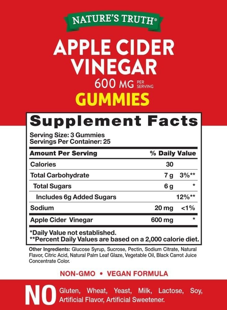 نايتشورز تروث Nature's Truth Apple Cider Vinegar 600mg Vegan Gummies, 75 Count - Image 2
