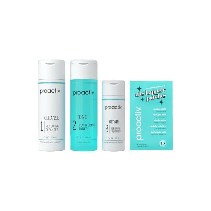 Proactiv 3 Step Acne Treatment System, 60 Day Complete Skincare Kit with Benzoyl Peroxide Cleanser, Toner, Repairing Treatment, and 15‑Count Pimple Patch