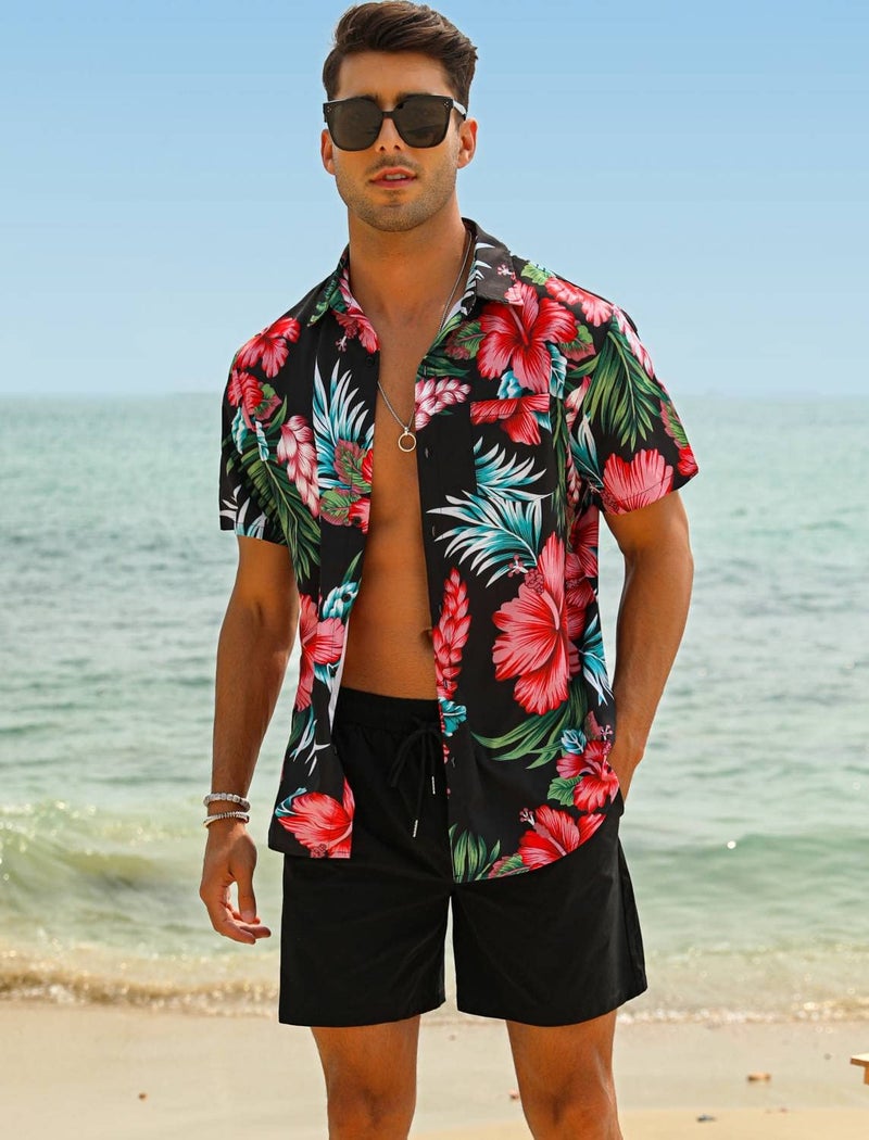 EISHOPEER Men's 2 Pieces Hawaii Shirt Sets Short Sleeve Casual Button Down T-Shirts Shorts Sets Summer Fashion Beach Outfits Black XX-Large - Image 2