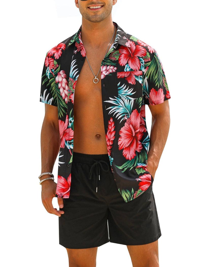 EISHOPEER Men's 2 Pieces Hawaii Shirt Sets Short Sleeve Casual Button Down T-Shirts Shorts Sets Summer Fashion Beach Outfits Black XX-Large - Image 1