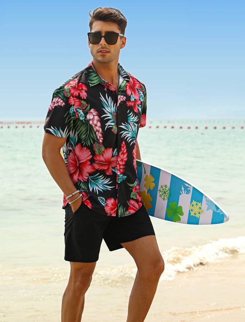 EISHOPEER Men's 2 Pieces Hawaii Shirt Sets Short Sleeve Casual Button Down T-Shirts Shorts Sets Summer Fashion Beach Outfits Black XX-Large - Image 3