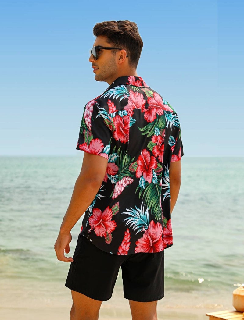 EISHOPEER Men's 2 Pieces Hawaii Shirt Sets Short Sleeve Casual Button Down T-Shirts Shorts Sets Summer Fashion Beach Outfits Black XX-Large - Image 4