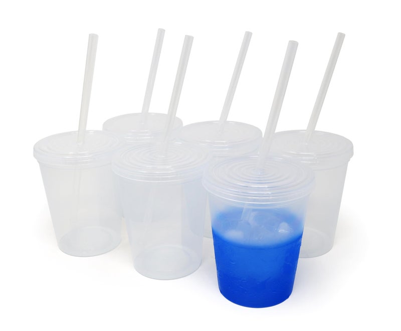 Rolling Sands 16 Oz Reusable Plastic Stadium Cups with Lids 6 Pack USA Made Color Changing Tumblers Includes 6 Reusable Straws Dishwasher Safe Frost to Blue