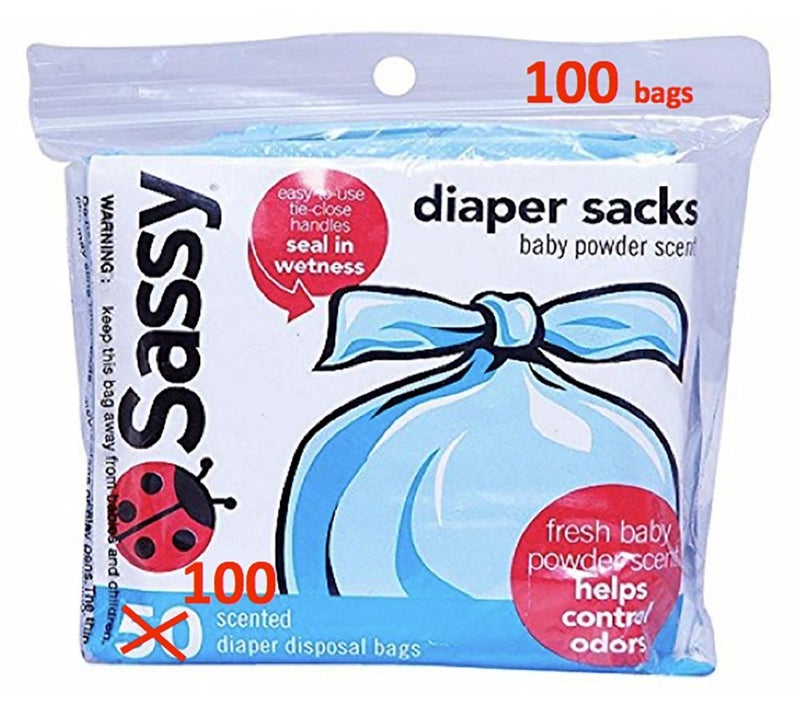 Sassy 100 Count Disposable Diaper Sacks, Powder Scented, 4-25 Sacks per Roll, Easy-to-Tie, Diaper Disposal or Pet Waste Bags - Image 1