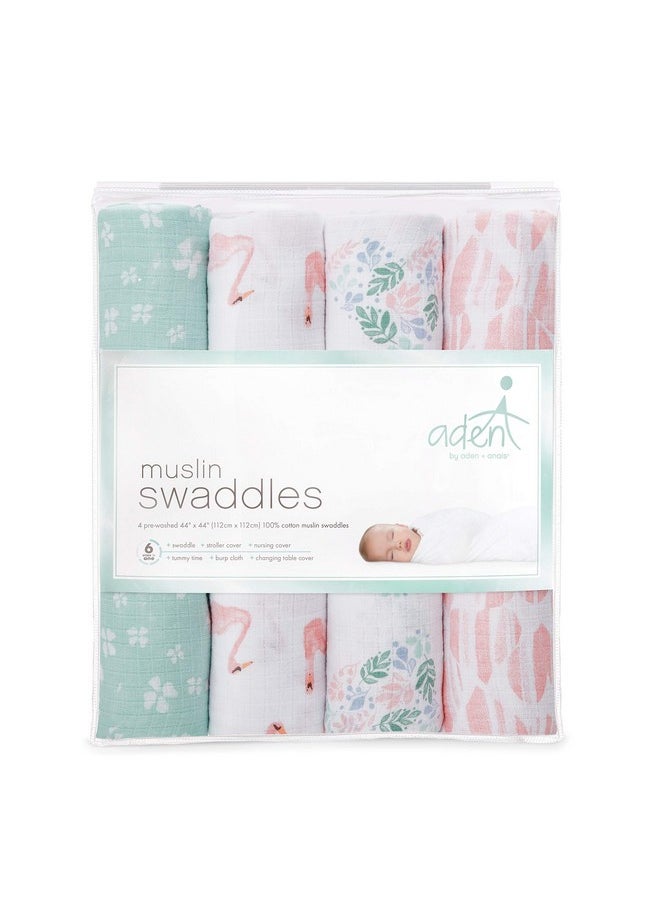 ايدن + أناي بطانيات قماط موسلين أساسية من aden + anais للبنات والأولاد، بطانية استقبال حديثي الولادة للتقميط، لفافة قماط للأطفال من القطن بنسبة 100%، عبوة من 4 قطع، زهور، وردي بريار  - Image 2