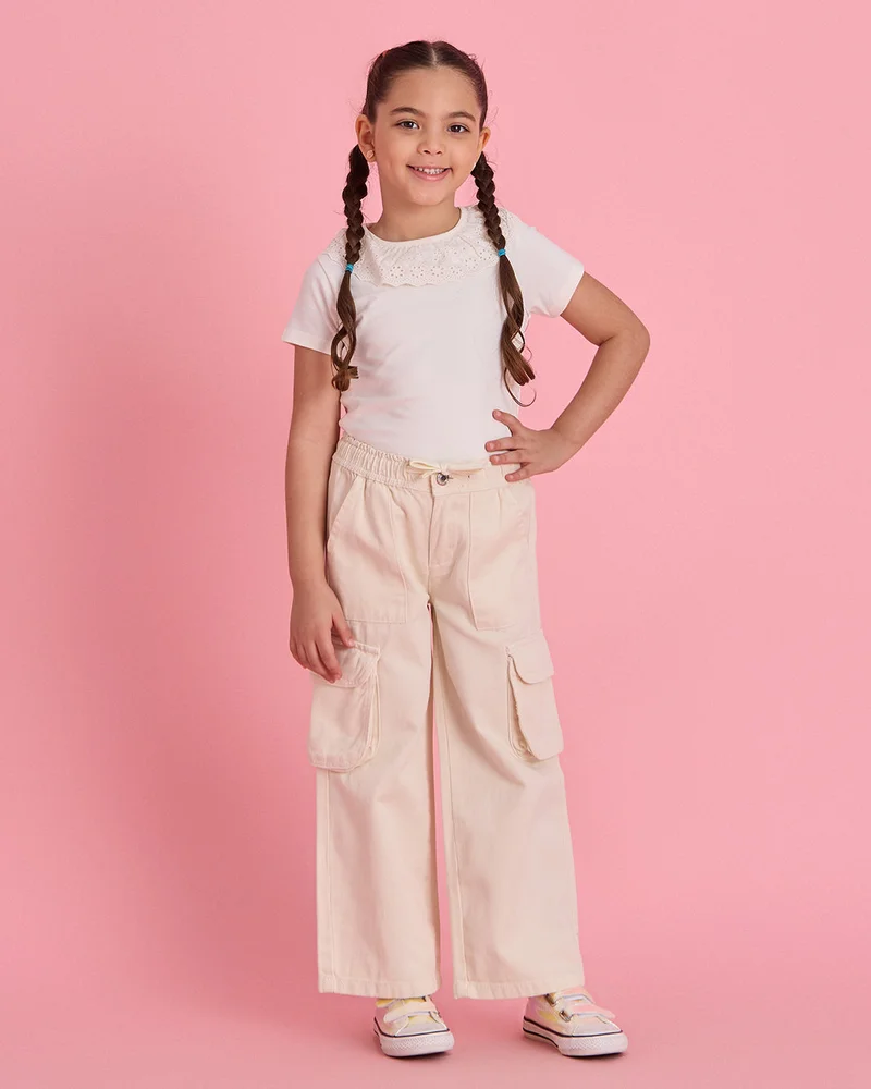 Redtag Girls Cream Wide Leg Cargo Jeans