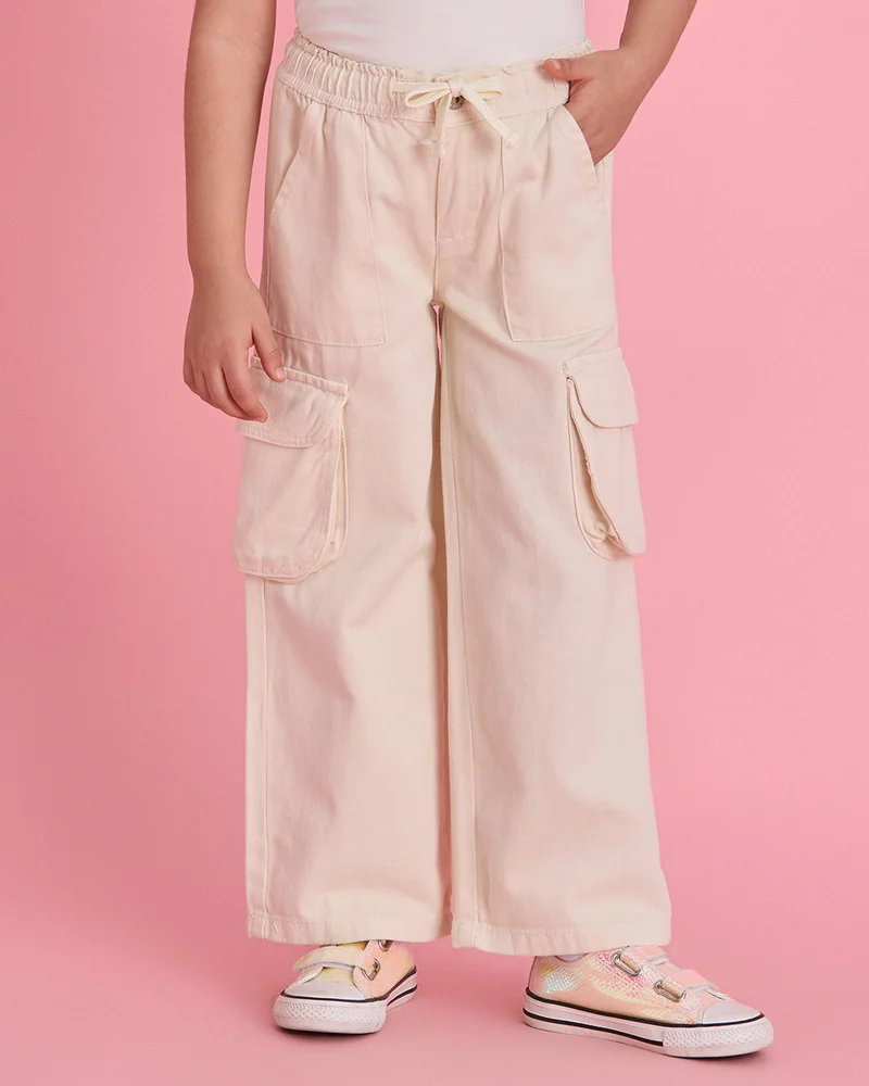 Redtag Girls Cream Wide Leg Cargo Jeans