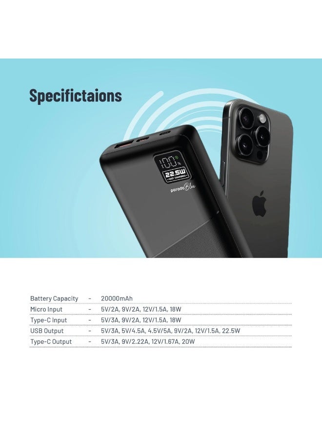 Porodo Blue 20000mAh Quick Charge Power Bank 22.5W QC3.0 PD 20W Dual USB-A USB-C Fast Charging - Image 4